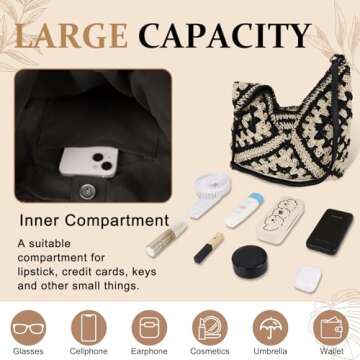 Straw Hobo Beach Bag for Women, Woven Tote Bag Summer Crochet Shoulder Bag Purse with PU Leather Strap,Vintage Foldable Handbag for Everyday Travel Vacation(Black)