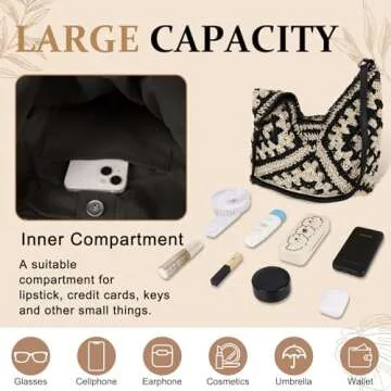 Straw Hobo Beach Bag for Women, Woven Tote Bag Summer Crochet Shoulder Bag Purse with PU Leather Strap,Vintage Foldable Handbag for Everyday Travel Vacation(Black)