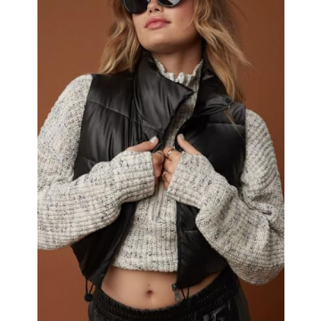 Ailoqing Women's Stylish Faux Leather Puffer Vest