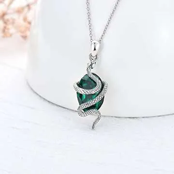 Charming Snake Necklace Sterling Silver with Green Crystal