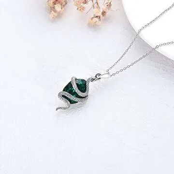Charming Snake Necklace Sterling Silver with Green Crystal