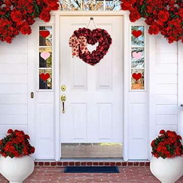 Valentine's Day Heart Wreath, 18 Inch Burlap Buffalo Plaid Heart Shaped Door Wreath with Bow, Valent...
