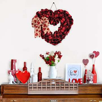 Valentine's Day Heart Wreath, 18 Inch Burlap Buffalo Plaid Heart Shaped Door Wreath with Bow, Valentines Door Decor for Front Door Farmhouse Valentine's Day Decorations Party Supplies