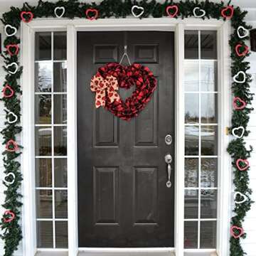Valentine's Day Heart Wreath, 18 Inch Burlap Buffalo Plaid Heart Shaped Door Wreath with Bow, Valentines Door Decor for Front Door Farmhouse Valentine's Day Decorations Party Supplies