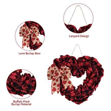 Valentine's Day Heart Wreath, 18 Inch Burlap Buffalo Plaid Heart Shaped Door Wreath with Bow, Valentines Door Decor for Front Door Farmhouse Valentine's Day Decorations Party Supplies