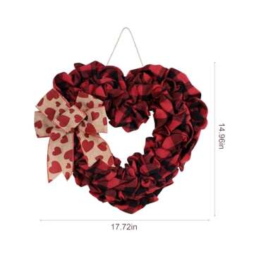 Valentine's Day Heart Wreath, 18 Inch Burlap Buffalo Plaid Heart Shaped Door Wreath with Bow, Valentines Door Decor for Front Door Farmhouse Valentine's Day Decorations Party Supplies