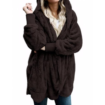 Zilcremo Women Hooded Cardigan Fuzzy Jacket Winter Open Front Fleece Coat Outwear with Pockets Coffe...