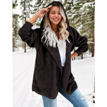 Zilcremo Women Hooded Cardigan Fuzzy Jacket Winter Open Front Fleece Coat Outwear with Pockets Coffee S