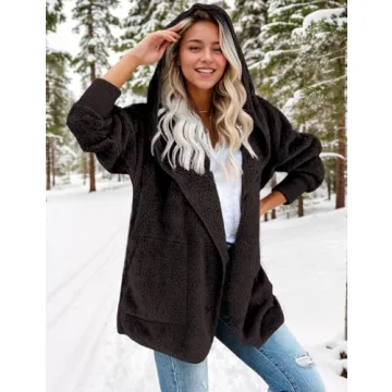 Zilcremo Women Hooded Cardigan Fuzzy Jacket Winter Open Front Fleece Coat Outwear with Pockets Coffee S