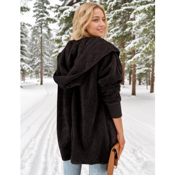 Zilcremo Women Hooded Cardigan Fuzzy Jacket Winter Open Front Fleece Coat Outwear with Pockets Coffee S