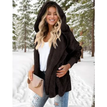 Zilcremo Women Hooded Cardigan Fuzzy Jacket Winter Open Front Fleece Coat Outwear with Pockets Coffee S
