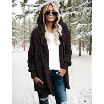 Zilcremo Women Hooded Cardigan Fuzzy Jacket Winter Open Front Fleece Coat Outwear with Pockets Coffee S