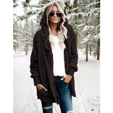 Zilcremo Women Hooded Cardigan Fuzzy Jacket Winter Open Front Fleece Coat Outwear with Pockets Coffee S