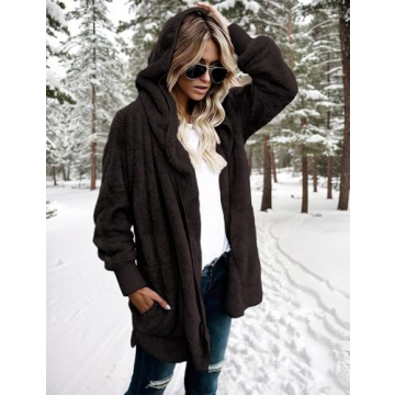 Zilcremo Women Hooded Cardigan Fuzzy Jacket Winter Open Front Fleece Coat Outwear with Pockets Coffee S