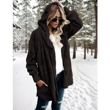 Zilcremo Women Hooded Cardigan Fuzzy Jacket Winter Open Front Fleece Coat Outwear with Pockets Coffee S