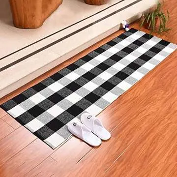 U'Artlines Buffalo Plaid Rug, Cotton Area Rug Checkered Plaid Doormat Kitchen Runner Washable Entryway for Bedroom, Kitchen, Laundry Room (2'x3'+2'x4.2', Black-White)