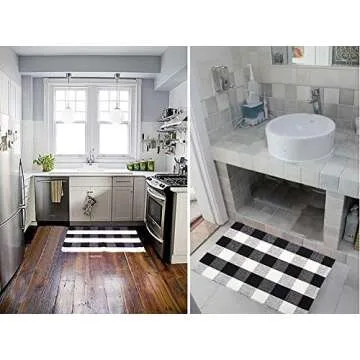U'Artlines Buffalo Plaid Rug, Cotton Area Rug Checkered Plaid Doormat Kitchen Runner Washable Entryway for Bedroom, Kitchen, Laundry Room (2'x3'+2'x4.2', Black-White)