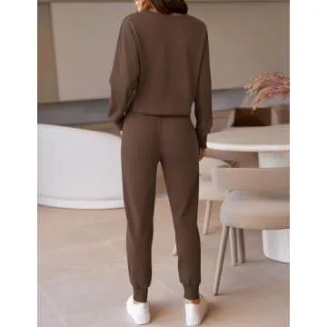 ZESICA Women's Long Sleeve Crop Top and Pants Pajama Sets 2 Piece Jogger Long Sleepwear Loungewear Pjs Sets,Coffee,Small
