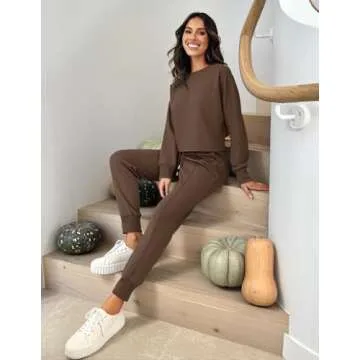 ZESICA Women's Long Sleeve Crop Top and Pants Pajama Sets 2 Piece Jogger Long Sleepwear Loungewear Pjs Sets,Coffee,Small