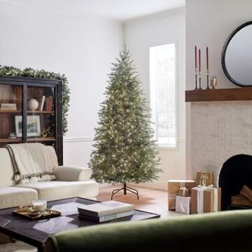 National Tree Company Pre-Lit 'Feel Real' Artificial Slim Christmas Tree, Green, Nordic Spruce, White Lights, Includes Stand, 7.5 feet