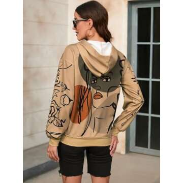 WDIRARA Women's Figure Graphic Print Sweatshirt Round Neck Long Sleeve Contrast Color Graffiti Pullovers Brown Graphic L