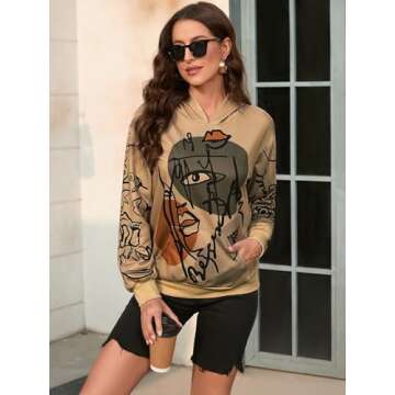 WDIRARA Women's Figure Graphic Print Sweatshirt Round Neck Long Sleeve Contrast Color Graffiti Pullovers Brown Graphic L