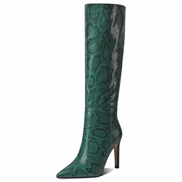 Ciuyurra Fashion Knee High Stiletto Boots - Green Crocodile Print, Size 37
