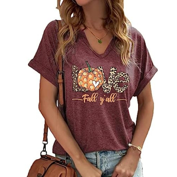 Women Love Fall Y'all Pumpkin V-Neck Shirt - Casual Halloween Graphic Tee