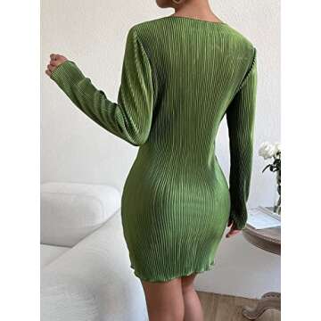 COZYEASE Women's Lettuce Trim Boat Neck Dress Elegant Bodycon Long Sleeve Pencil Mini Dress Green Me...