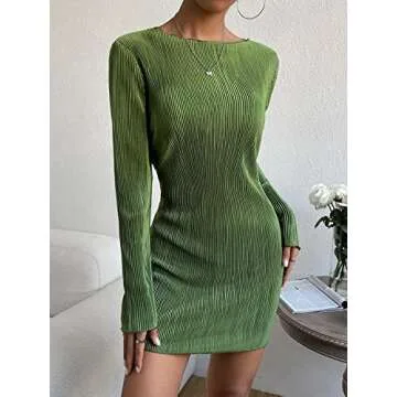 COZYEASE Women's Lettuce Trim Boat Neck Dress Elegant Bodycon Long Sleeve Pencil Mini Dress Green Medium