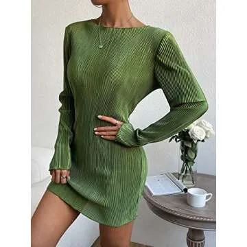 COZYEASE Women's Lettuce Trim Boat Neck Dress Elegant Bodycon Long Sleeve Pencil Mini Dress Green Medium