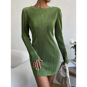 COZYEASE Women's Lettuce Trim Boat Neck Dress Elegant Bodycon Long Sleeve Pencil Mini Dress Green Medium