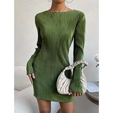 COZYEASE Women's Lettuce Trim Boat Neck Dress Elegant Bodycon Long Sleeve Pencil Mini Dress Green Medium