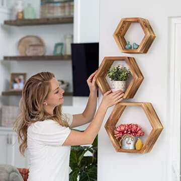 Hexagon Boho Shelves for Wall – Wooden Rustic Floating Honeycomb Shelves for Bedroom, Bathroom, Living Room & Office – Includes Invisible Hangers & Installation Hardware – Set of 3, Natural