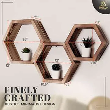 Hexagon Boho Shelves for Wall – Wooden Rustic Floating Honeycomb Shelves for Bedroom, Bathroom, Living Room & Office – Includes Invisible Hangers & Installation Hardware – Set of 3, Natural