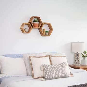 Hexagon Boho Shelves for Wall – Wooden Rustic Floating Honeycomb Shelves for Bedroom, Bathroom, Living Room & Office – Includes Invisible Hangers & Installation Hardware – Set of 3, Natural