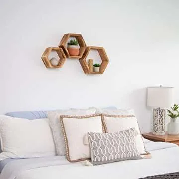 Hexagon Boho Shelves for Wall – Wooden Rustic Floating Honeycomb Shelves for Bedroom, Bathroom, Living Room & Office – Includes Invisible Hangers & Installation Hardware – Set of 3, Natural