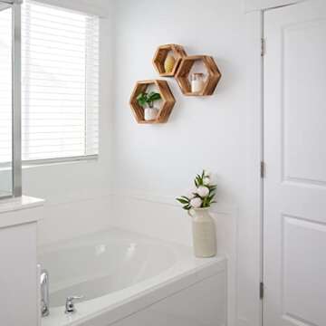 Hexagon Boho Shelves for Wall – Wooden Rustic Floating Honeycomb Shelves for Bedroom, Bathroom, Living Room & Office – Includes Invisible Hangers & Installation Hardware – Set of 3, Natural