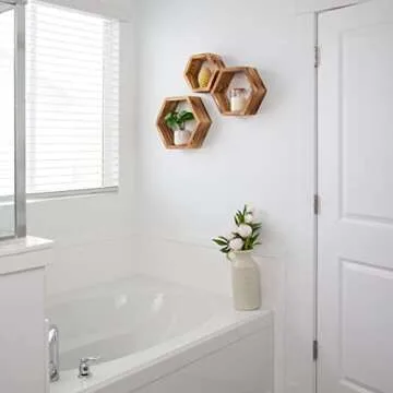 Hexagon Boho Shelves for Wall – Wooden Rustic Floating Honeycomb Shelves for Bedroom, Bathroom, Living Room & Office – Includes Invisible Hangers & Installation Hardware – Set of 3, Natural