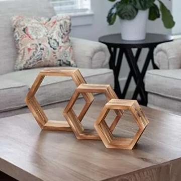 Hexagon Boho Shelves for Wall – Wooden Rustic Floating Honeycomb Shelves for Bedroom, Bathroom, Living Room & Office – Includes Invisible Hangers & Installation Hardware – Set of 3, Natural