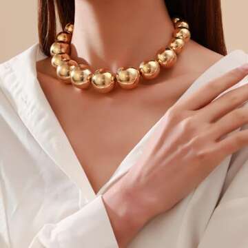 Chunky Gold Bead Statement Choker Necklaces for Women,Large Exaggerated Boho Silver Ball Chain Neckl...