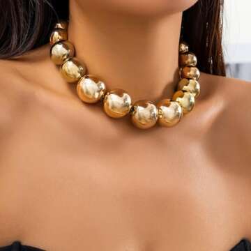 Chunky Gold Bead Statement Choker Necklaces for Women,Large Exaggerated Boho Silver Ball Chain Necklace Trendy Jewelry Accessories Gift (Gold)