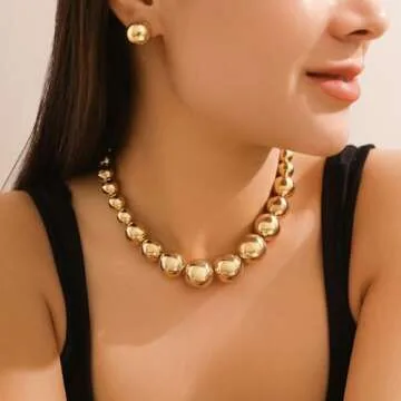 Chunky Gold Bead Statement Choker Necklaces for Women,Large Exaggerated Boho Silver Ball Chain Necklace Trendy Jewelry Accessories Gift (Gold)