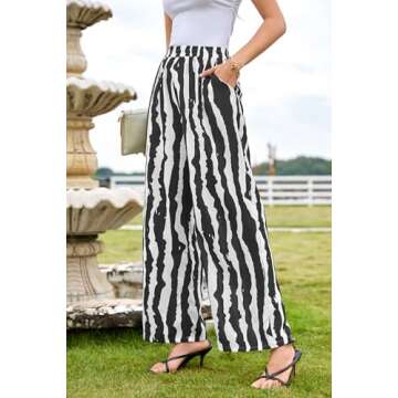 Women Striped Pants Loose Wide Leg Trousers Casual Low Waist Pants Fashion Lounge Pants with Pockets Black M