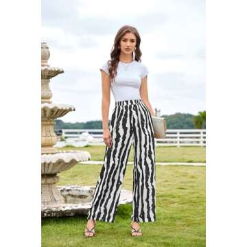 Women Striped Pants Loose Wide Leg Trousers Casual Low Waist Pants Fashion Lounge Pants with Pockets Black M