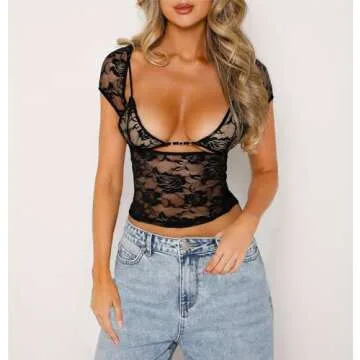 Women Y2k Lace Short Sleeve Top See Through Mesh Crop Top Floral Slim Fit Layering Top Tee Shirt Blouse Streetwear (C1-Short Sleeve Black, S)