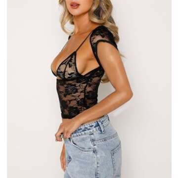 Women Y2k Lace Short Sleeve Top See Through Mesh Crop Top Floral Slim Fit Layering Top Tee Shirt Blouse Streetwear (C1-Short Sleeve Black, S)