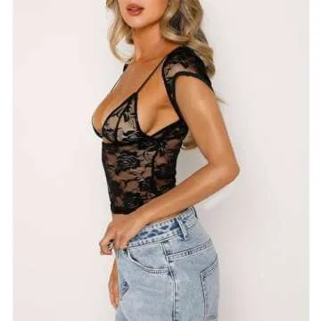 Women Y2k Lace Short Sleeve Top See Through Mesh Crop Top Floral Slim Fit Layering Top Tee Shirt Blouse Streetwear (C1-Short Sleeve Black, S)