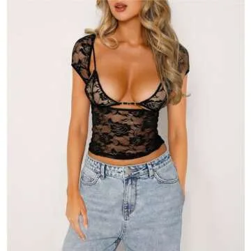 Women Y2k Lace Short Sleeve Top See Through Mesh Crop Top Floral Slim Fit Layering Top Tee Shirt Blouse Streetwear (C1-Short Sleeve Black, S)