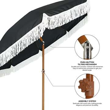 AMMSUN 7ft Patio Umbrella with Fringe Outdoor Tassel Umbrella UPF50+ Premium Steel Pole and Steel Ribs Push Button Tilt, Black